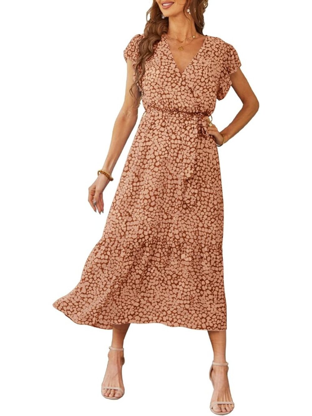 Women's Coffee Summer Short Sleeve Wrap V Neck Floral Boho Guest Maxi Dresses